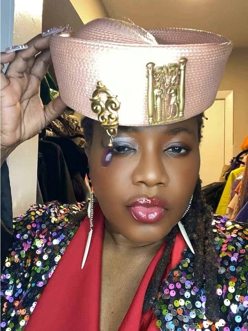 Pink Womens Pillbox Hat with Gold Medallion Accent